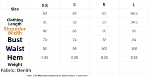 Tableau des tailles pour ensemble gilet en jean et short avec mesures en centimètres