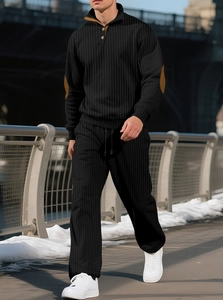 Men black tracksuit with ribbed texture, stand collar jacket and elbow patches