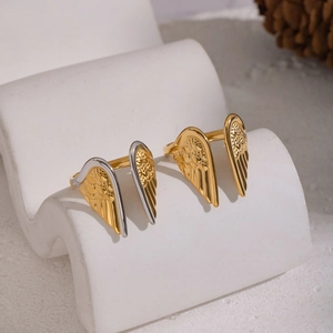 Minimalist stainless steel angel wing open rings in gold and two-tone vintage style