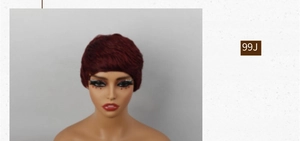 Detailed view of short Pixie human hair wig in 99J wine red color on a mannequin head