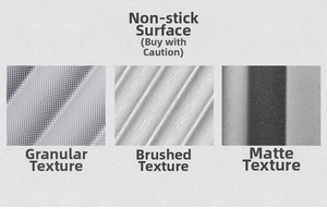 Warning guide showing non-stick surfaces like grainy, brushed, and frosted textures