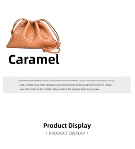 Detailed view of caramel woven leather texture on this stylish drawstring pouch bag