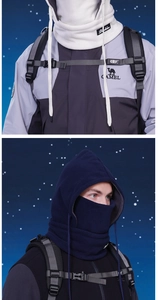 Detail of fleece-lined balaclava face mask with adjustable drawstrings for winter