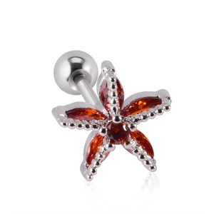 Silver stainless steel cartilage earring with starfish design and orange cubic zirconia