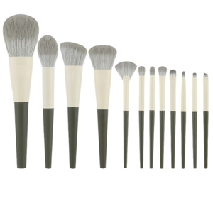 12-piece portable travel makeup brush set with soft synthetic bristles and grey handles