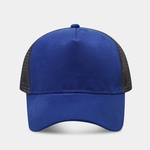 Retro navy blue suede trucker hat with black breathable mesh and five-panel structure