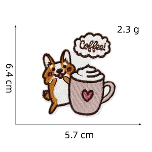 Detail showing cartoon Corgi and coffee embroidery patch with 6.4x5.7cm dimensions