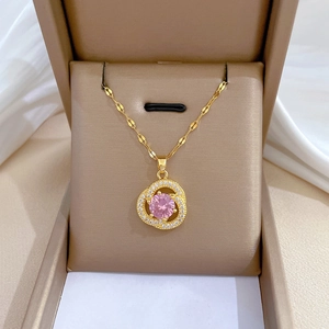 Pink Gemstone Pendant Necklace Stainless Steel Chain Copper Zircon Pave Women Wedding Banquet Luxury Elegant Jewelry