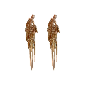 Golden wheat-inspired tassel drop earrings in a minimalist vertical fashion design