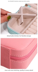 Detail of portable jewelry box with PU leather stitching and removable dividers
