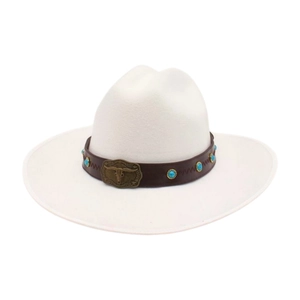 Detail of white wool jazz hat featuring vintage bull head buckle and turquoise beads