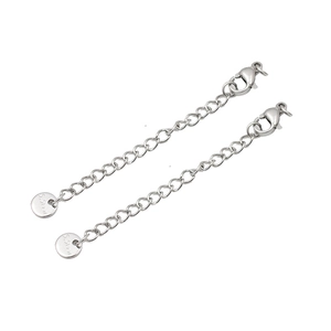 Polished stainless steel extension chain with lobster clasp and metal tag on white background
