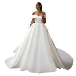 Elegant off-the-shoulder satin ball gown wedding dress with a voluminous train in white