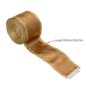 Brown Christmas ribbon with gold glitter leaf patterns, dimensions 5cm wide by 500cm long