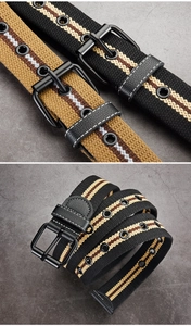 Detail of double-eyelet canvas belt with black metal buckle and reinforced leather tip
