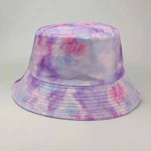 Detail of tie-dye bucket hat with blue and pink swirls and multi-row brim stitching