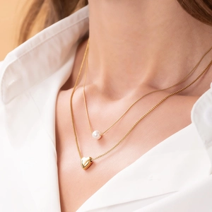 Double Layer Necklace With Artificial Pearl And Heart Pendant Copper Gold Plated Layered Chain For Women Elegant Fashion Jewelry