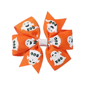 Orange Halloween hair bow with white ghosts and black BOO text on grosgrain ribbon