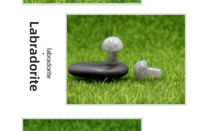 Macro shot of 2cm labradorite mini mushroom carving on natural green moss