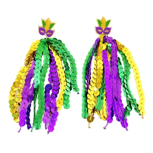 Detailed view of Mardi Gras tassel earrings with colorful sequins and festive mask motifs