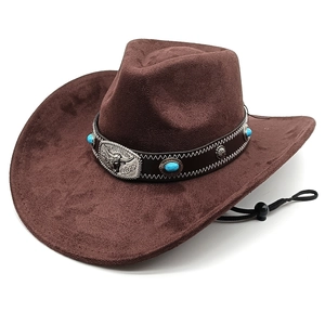 Brown wool western cowboy hat with cattle head buckle and turquoise leather band