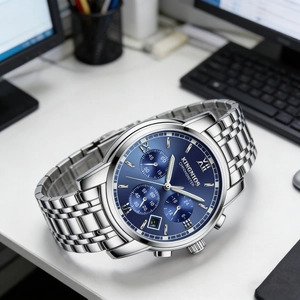 Detail view of elegant men's blue dial stainless steel watch on a white desk surface