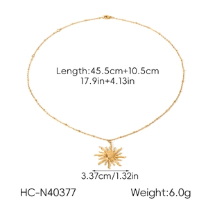 Detailed view of golden sun pendant necklace with dimensions 3.37cm and 45.5cm bead chain
