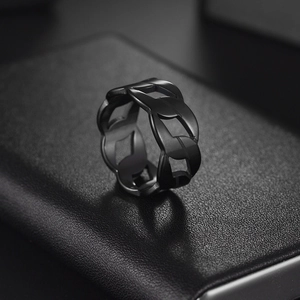 Men's 9mm black punk style ring featuring a laser-cut chain link design in matte finish