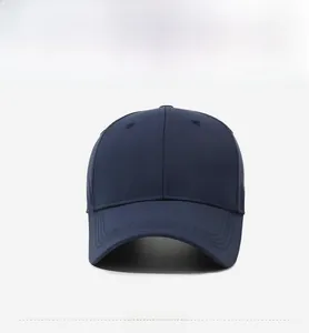 Close-up of a navy blue baseball cap made of high-quality quick-dry fabric with fine stitching