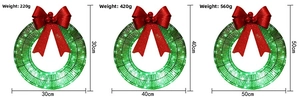 Detailed size chart for Christmas wreath with LED lights and red bow decoration