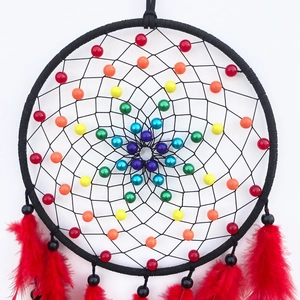 Handmade rainbow beaded dream catcher with red feathers for wall hanging decor