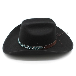 Chapeau de cowboy en feutre noir classique avec bande en cuir perlé turquoise et large bord