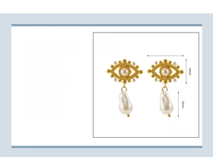 Detail view showing 18K gold plated evil eye earrings with pearl and size measurements