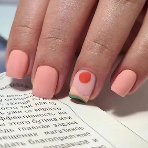 Matte Peach Pink Press On Nails Short Square Sunset Mountain Landscape Minimalist Art False Nails