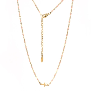 Detail of Ankh cross necklace with pink beads, gold chain, and lobster clasp closure
