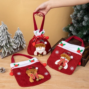 Christmas Gift Bags Red Linen Fabric 3D Santa Snowman Reindeer Drawstring Handle Bell Holiday Party Candy Wrap Festive