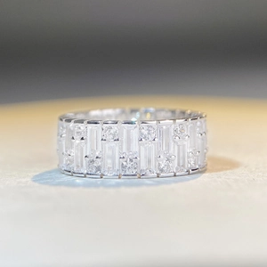 S925 sterling silver eternity ring featuring baguette and round cut zirconia stones