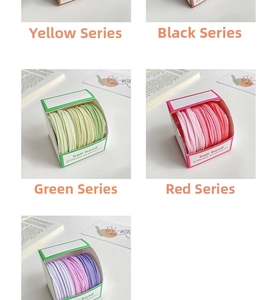 Detail of high-elasticity hair bands in assorted candy colors organized in boxes