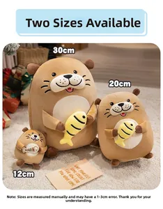 Three sizes of plush otter toys holding a fish, measuring 12cm, 20cm, and 30cm in height