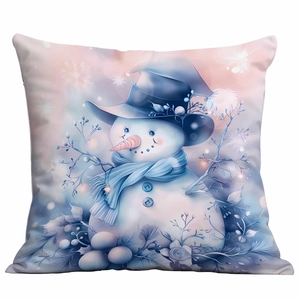 Close-up of winter snowman illustration on light blue and pink decorative pillowcase