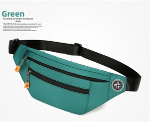 Detail view of durable green oxford cloth waist bag with orange zipper cords and buckle