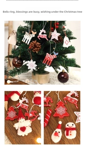 Detail of wool felt and wood Christmas tree ornaments with reindeer and snowflake shapes