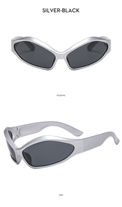 Front and side views of silver wrap-around sunglasses with black lenses and retro wide frames