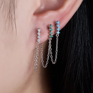 Close-up of S925 silver fringe chain earrings with zircon and turquoise on ear