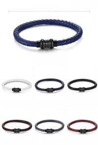 Detailed view of woven leather bracelets in multiple colors with metal clasp specs