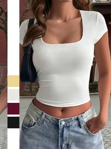 Women Square Neck Short Sleeve T-Shirt Solid Color Slim Fit Crop Top Polyester Spandex Y2K Casual Basic Tee