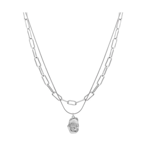 Double-layer stainless steel necklace featuring a paperclip chain and irregular silver pendant