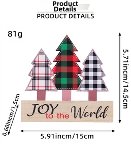Detailed view of wooden Christmas tree ornaments with JOY to the World text on base