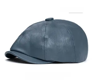 Detail of haze blue newsboy hat showing high-quality lychee texture and stitching