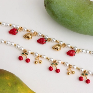 18K gold stainless steel necklaces with pearl beads, cherry and strawberry enamel charms